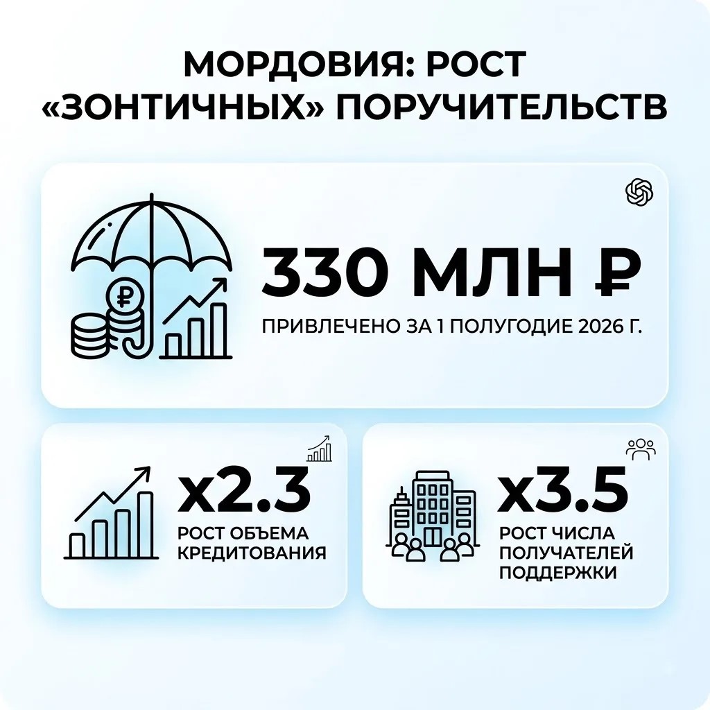 Реализация в Мордовии национальных проектов, предложенных Президентом России.  Бизнес Мордовии привлёк 330 млн рублей по «зонтичным» поручительствам — в 2,3 раза больше, чем год назад
